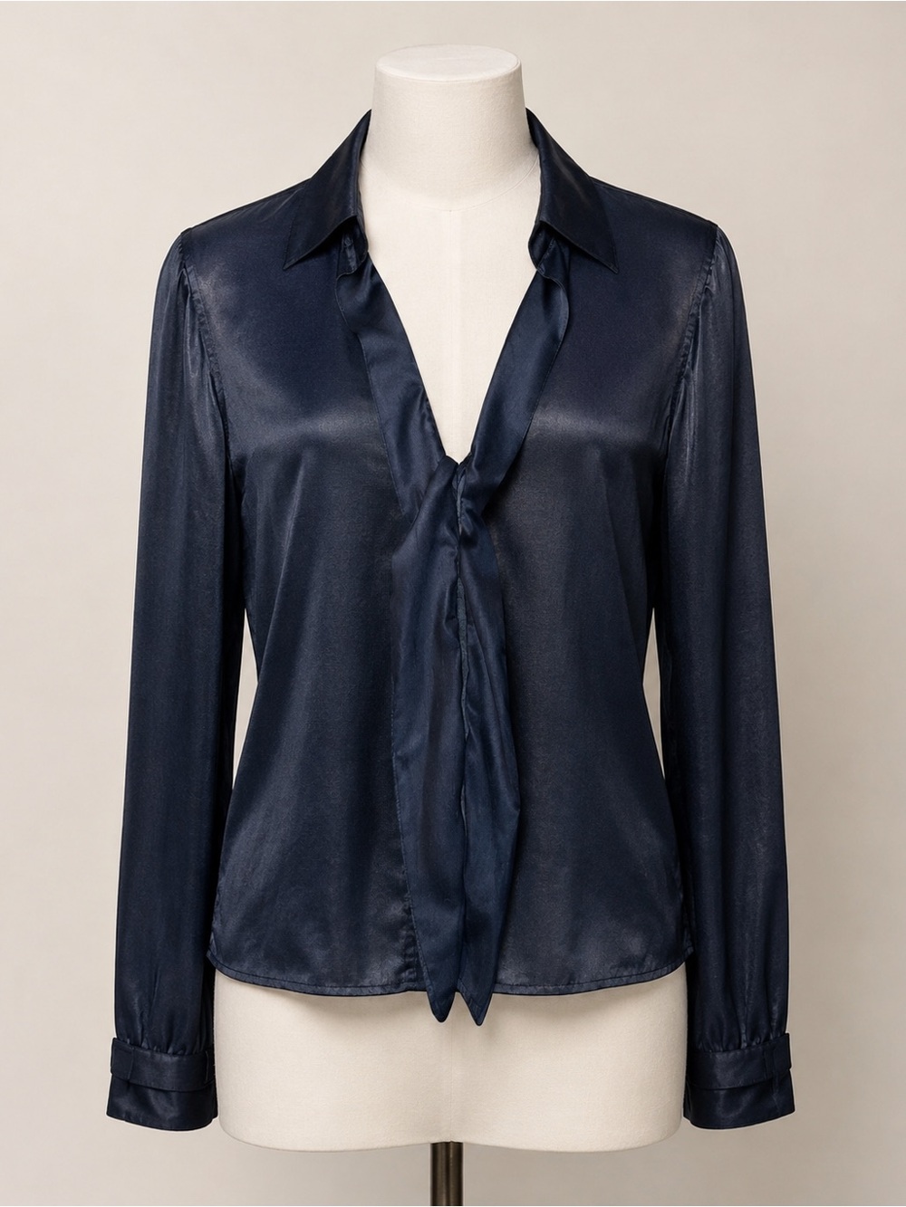 ZERO + Maria Cornejo Navy Satin Draped Tie Front Blouse Size 8